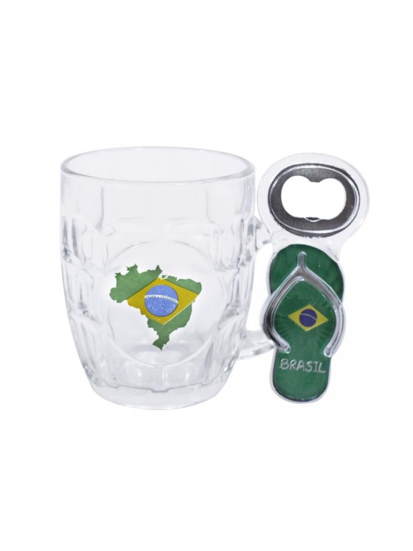 KIT CANECA DE VIDRO BRASIL COM ABRIDOR DE GARRAFA