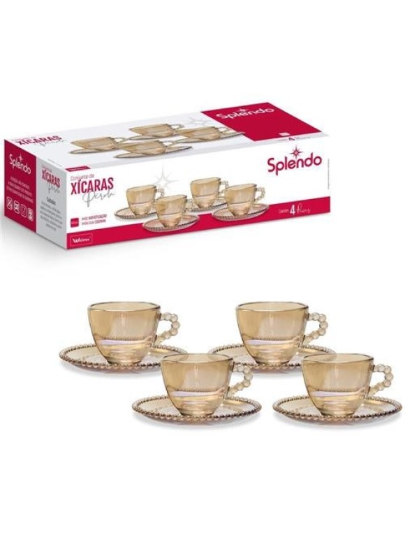 JOGO 4 XÍCARAS CAFÉ COM PIRES VIDRO AMBAR PEROLA 80ML SPLENDO